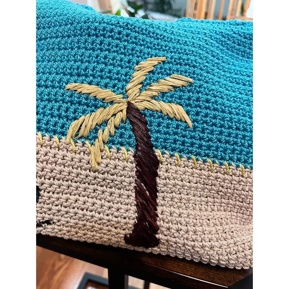 The Sak Crochet Teal Brown Embroidered Chill Palm Tree Shoulder Bag Vacation